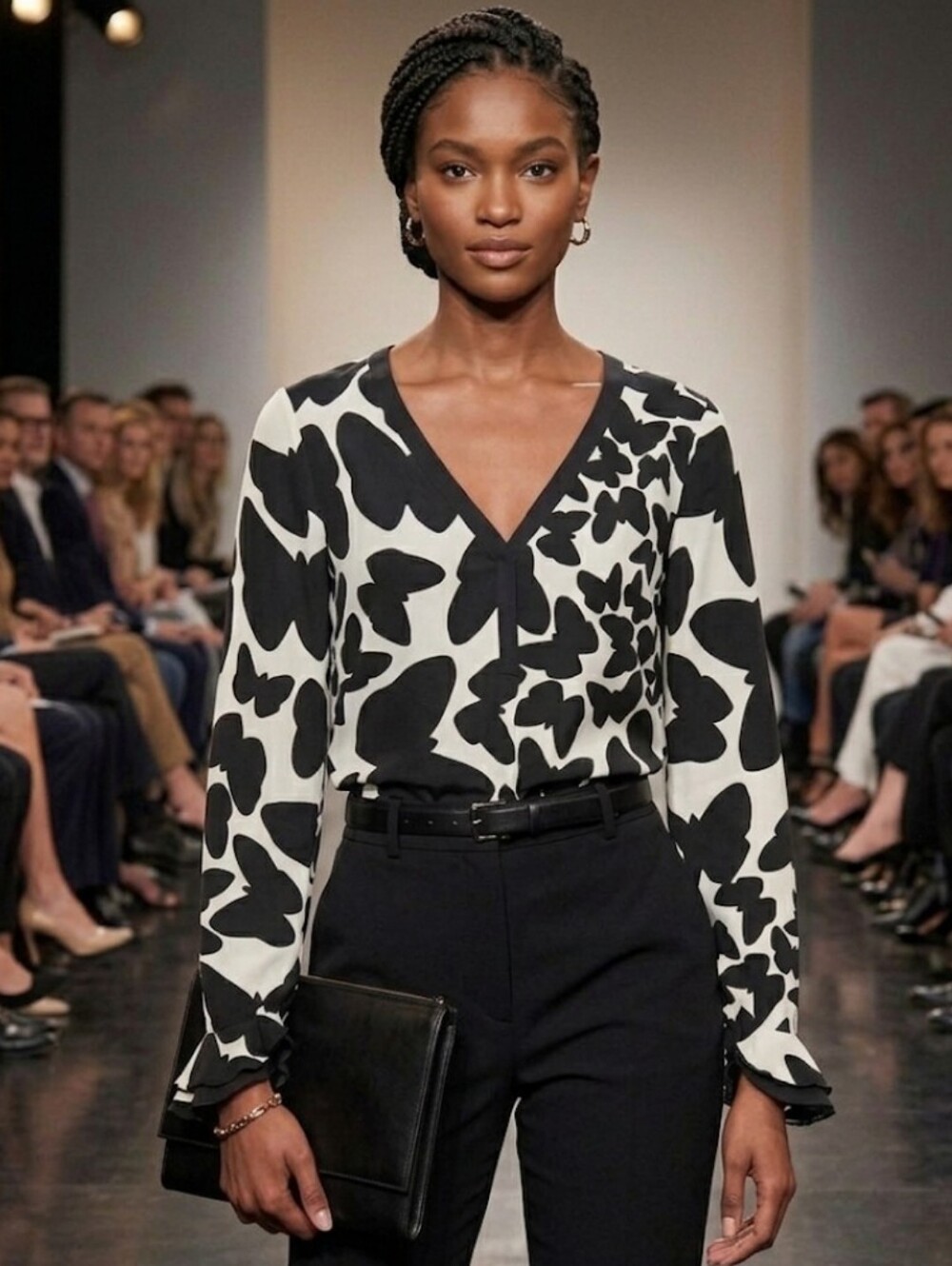 Diane Von Furstenberg Black and White V-Neck Floral Print Blouse